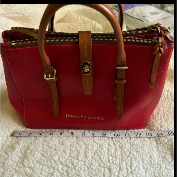 Dooney & Bourke Miller Leather Satchel—Red with tan handles - Picture 6 of 15